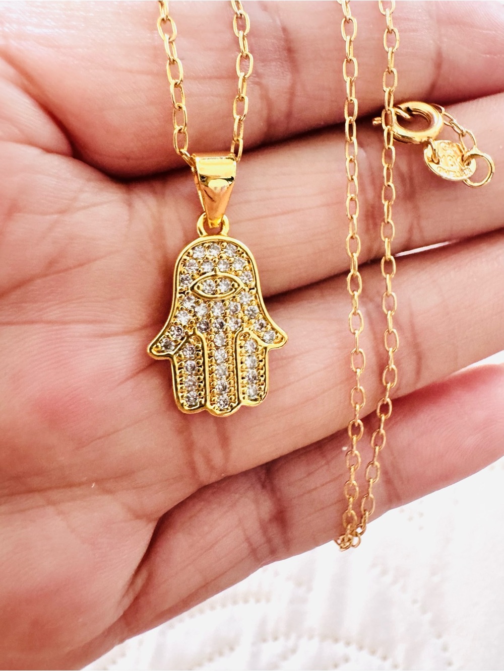 18K Gold Plated Hamsa Hand Pendant Necklace with Crystal Accents. New